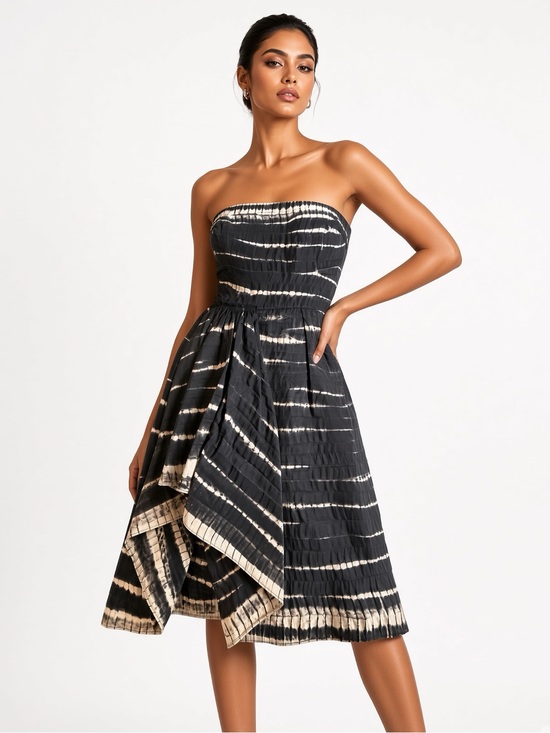 Oscar de la Renta Dresses & Skirts - Oscar de la Renta Strapless Black and Cream Tie-Dye Midi Dress